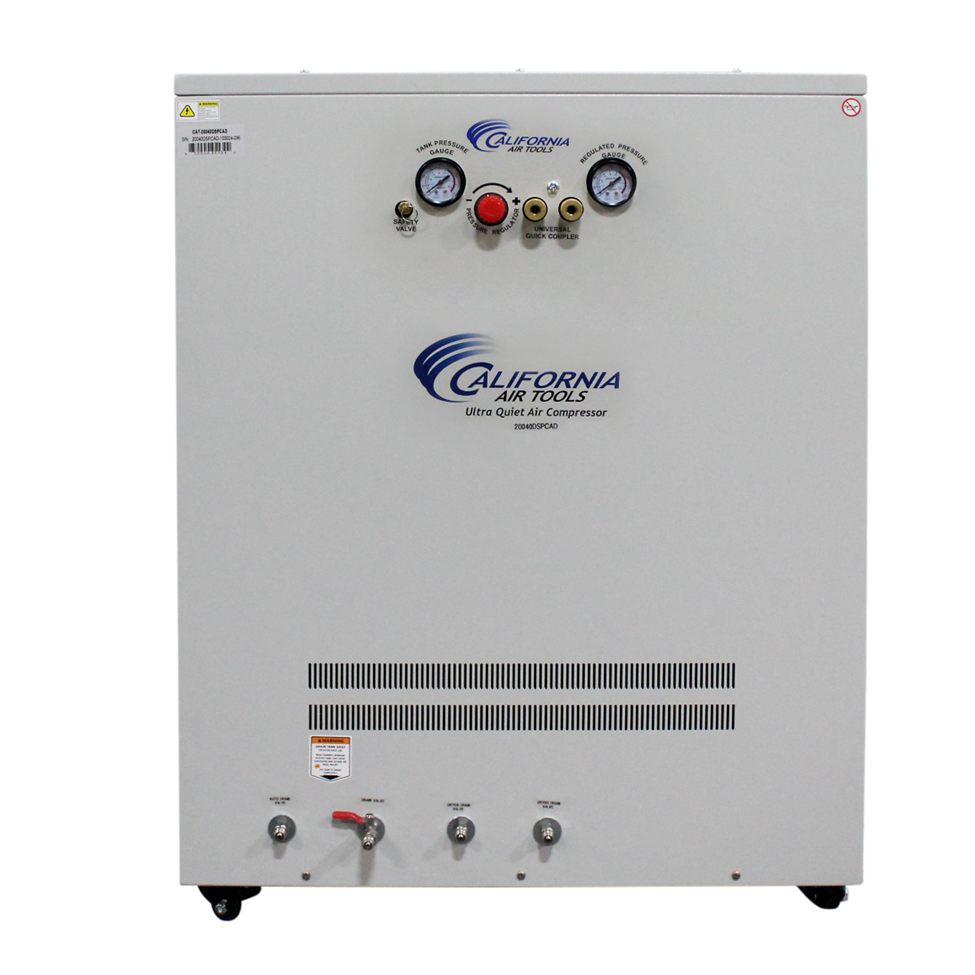 California Air Tools, 20 Gal 4 Hp Air Automatic Drain Soundproof Cabinet, Horsepower 4 HP, Air Tank Size 20 Gal, Volts 220 Model# 20040DSPCAD